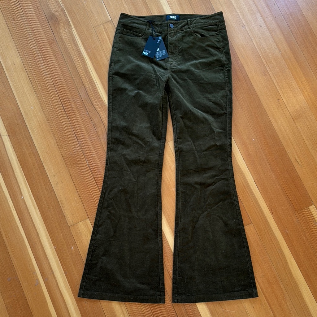 Brand New Paige “Genevieve” Dark Olive Corduroy Hi-Rise Flare Pants